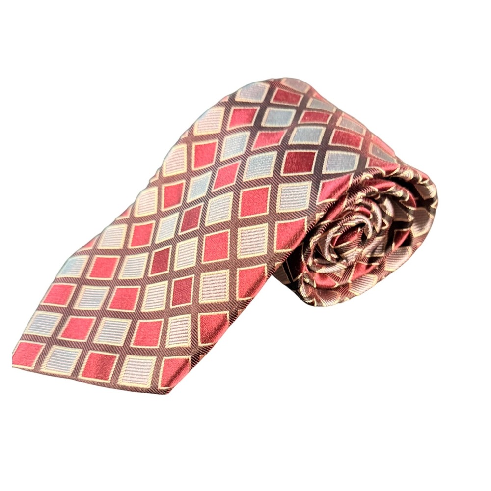Paul‎ Dione Mens Silk Tie Red Burgundy Silver Geometric Diamond Pattern X-LONG